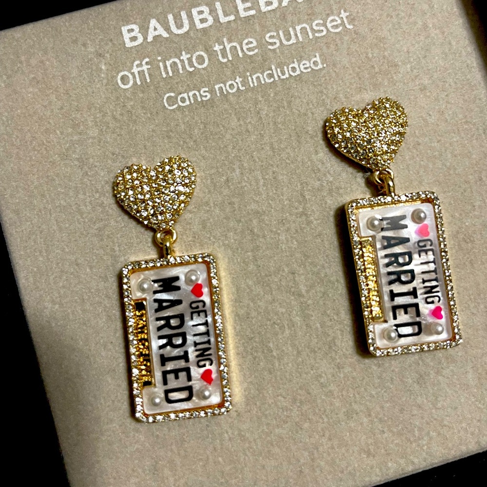 Getting married earrings-Kate spade style license plate design heart rhinestones